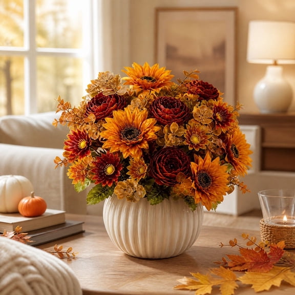 MYUNNIL Artificial Outdoor Fall Flowers Set, 3 Bundles Fake Vintage Sunflower Peony Mixed Floral Stems, Reusable Waterproof Farmhouse Decoration for Indoor Garden Office Decor