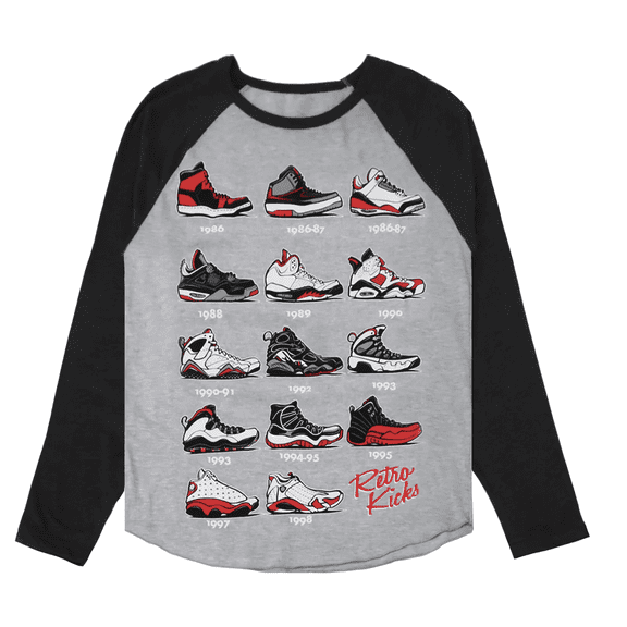Retro Kicks Men's Evolution Of Jordan Shoes Throughout The Years Long Sleeve Tee T-Shirt (Medium, Heather Grey/Black)