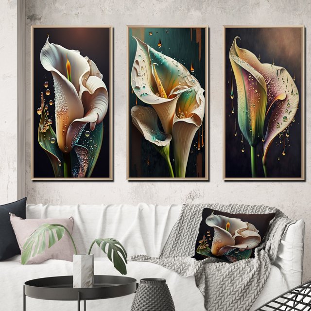 Designart "Green & White Calla Blossom II" Floral & Botanical Framed Wall Art Set Of 3 - Green Lily Frame Gallery Wall Set For Home Decor