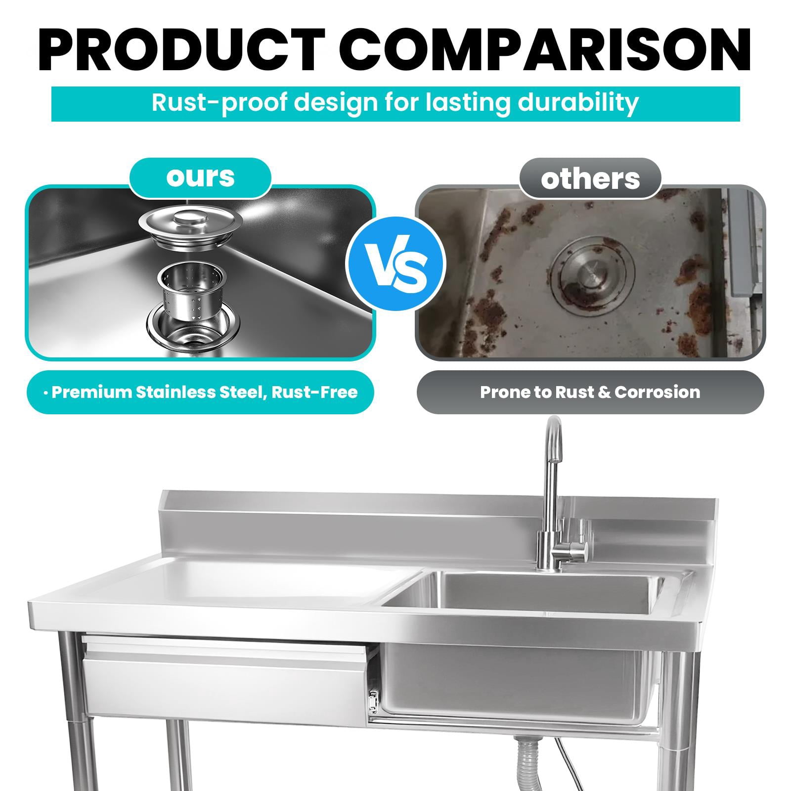 Drawer Stainless Steel Utility Sink,Free Standing Utility Sink With Faucet And Storage Drawer,1.2mm Thick 201 Stainless Steel,Stainless Steel Commercial Sink For Indoor Or Outdoor Use,Silver