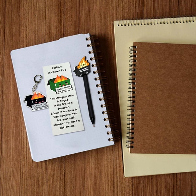 Funny Dumpster Fire Ballpoint Pen Acrylic Keychain Bookmark Set Funny Dumpster Fire Set Bookmark And Pen Set For Writing Enthusiasts 5ml Stationery Organizer Portable