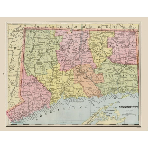 Historic State Map - Connecticut - Cram 1892 - 29.93 x 23 - Vintage Wall Art