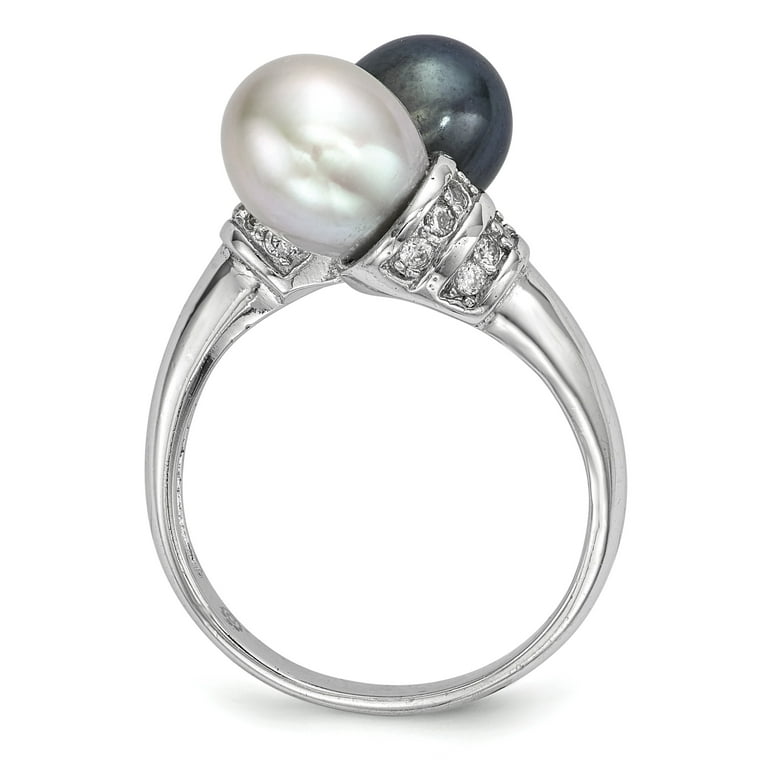 Sterling Silver Rh 7-8mm Black/Grey Rice Fwc Pearl Cz Ring (Size