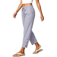 thumbnail image 5 of Vivianyo HD Women's Vertical Stripe Drawstring Elastic Waist Long Pants, Womens Summer Lightweight Straight Leg Trousers with Side Button Split for Travel Vacation Casual Wear, Sizes S-3XL, 5 of 8