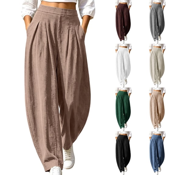 Cmtiyu Linen Pants Women, Casual High Waist Lightweight Palazzo Pants with Pockets, Comfort Loose Outdoor Pants, S-2XL