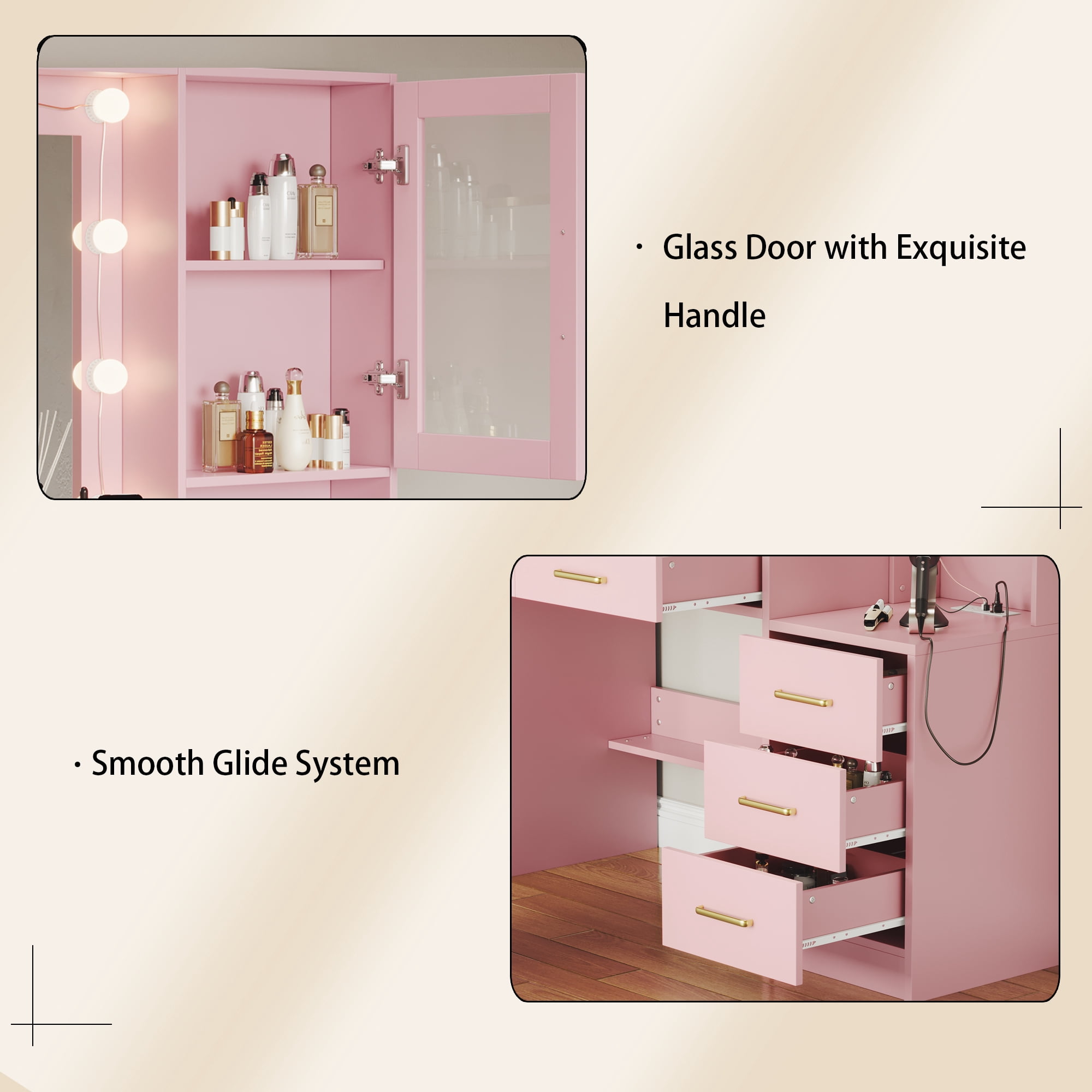 TOKSOM Pink Makeup Vanity Table with Lighted Mirror and Charging Station, Large Vanity Desk with 5 Drawers & Glass Cabinet, Cushioned Stool Set for Bedroom