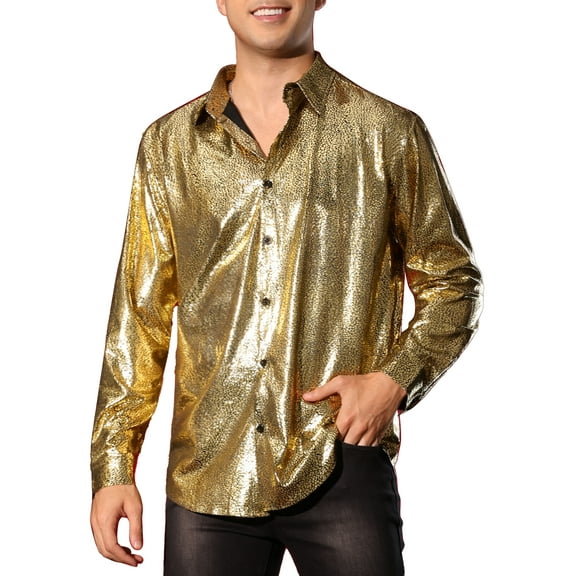 INSPIRE CHIC Metallic Shirt for Men's Button Down Party Glitter Costume Shiny Leopard Printed Shirts