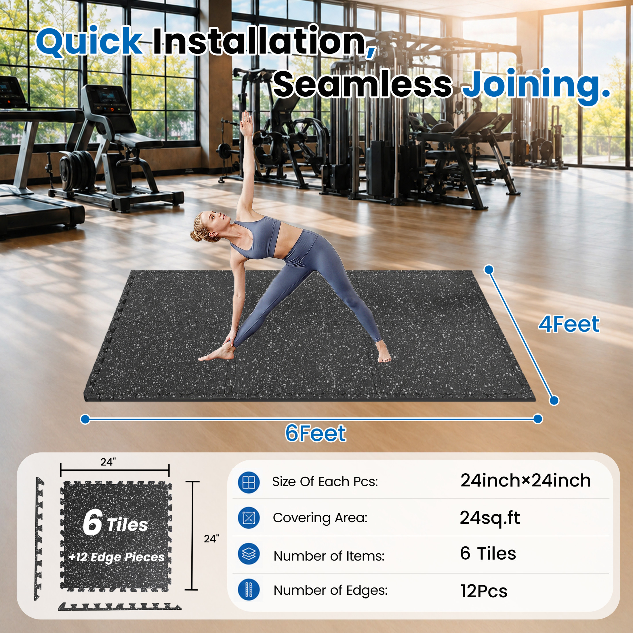 Noble House 0.6" Thick Interlocking Rubber Top & EVA Foam Floor Workout Mats for Gym, Yoga, 6 Tiles, Black & White