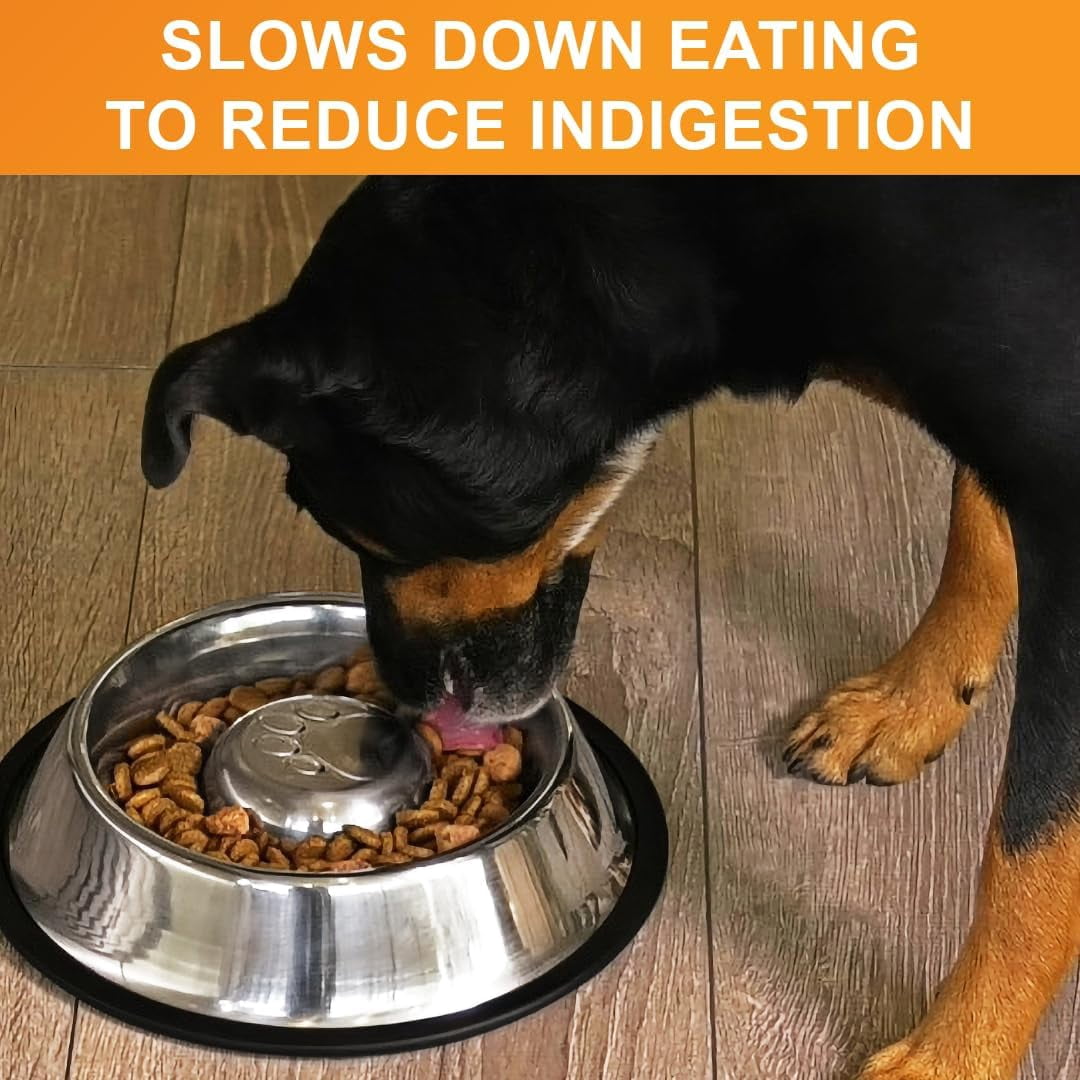 Stainless Steel Slow Feed Bowl - Non-Tip & Non-Skid - Stops Dog Food Gulping, Bloat, Indigestion, and Rapid Eating (3 Cup)
