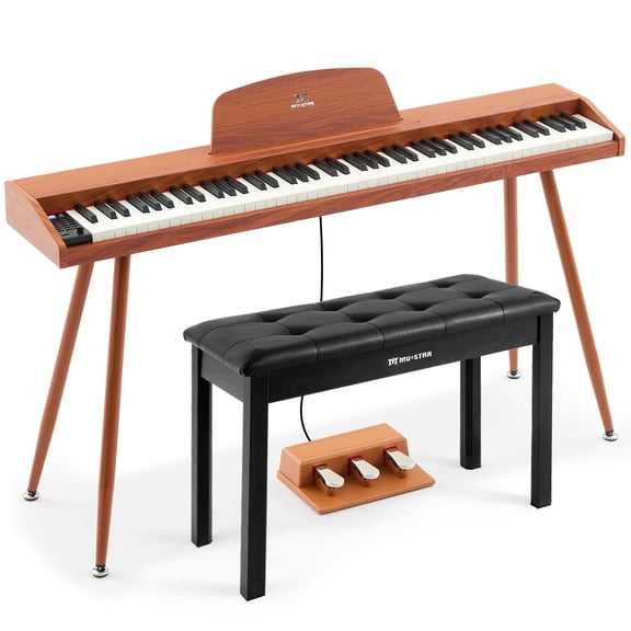 MUSTAR Brown Full Size 88 Keys Semi Weighted Digital Piano Portable Electric Dual Keyboards USB/MIDI with Black Bench,Triple Pedal,4 Legged Stands