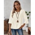 thumbnail image 3 of Top LOMON de algodón y lino con cuello en V y mangas 3/4 para mujer, color albaricoque, 3 of 5