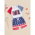 thumbnail image 3 of Bagilaanoe 4th of July Outfits for Toddler Baby Boys Short Sleeve Letter Embroidery T-Shirt Tops + Striped Shorts 6M 12M 18M 24M 3T Kids Independence Day Clothes 2pcs Short Pants Set, 3 of 8