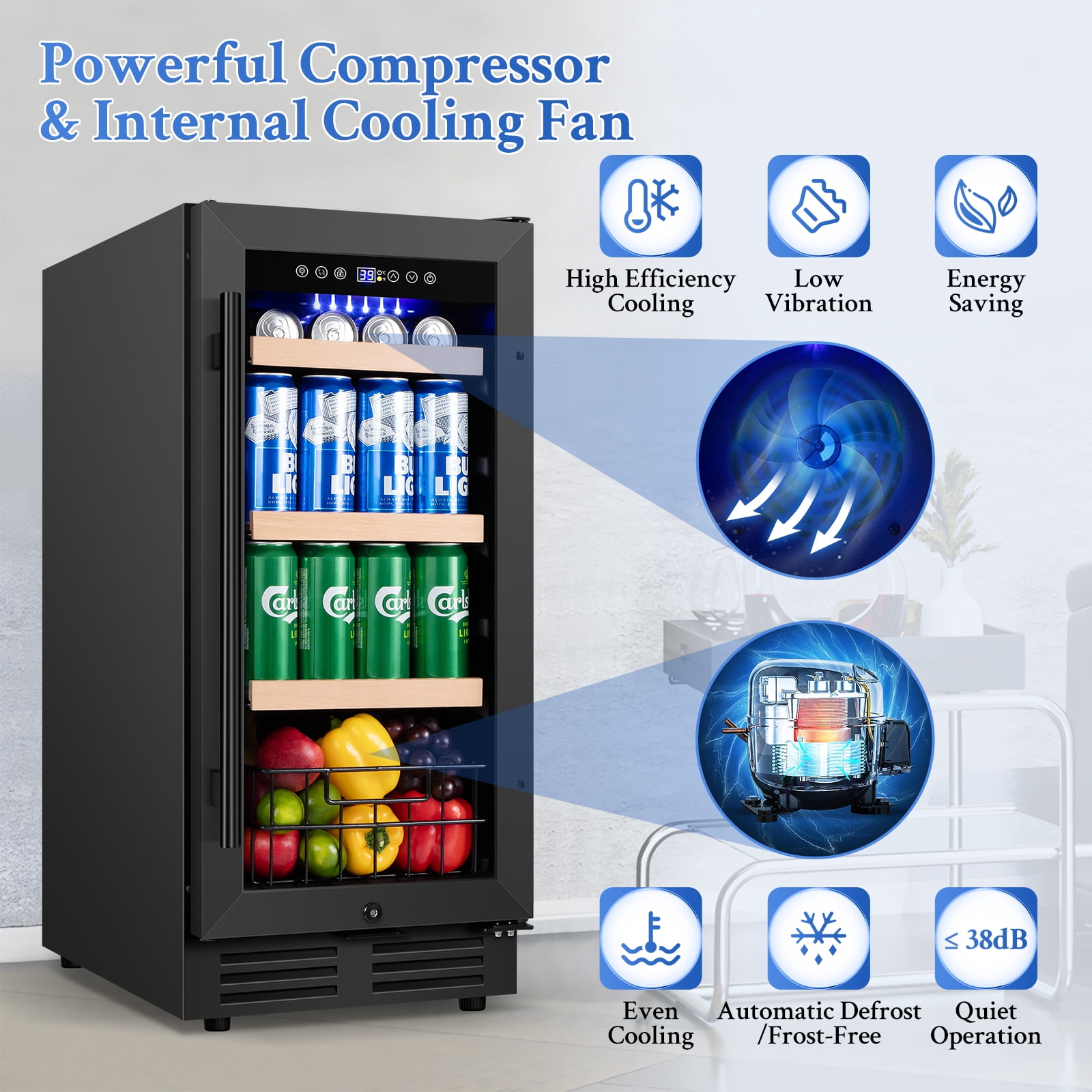 TITTLA Beverage Refrigerator with Glass Door,130 Cans 3.1 Cubic Feet Under Counter ,with Basket Design for Soda, Beer or Fruit,,Black