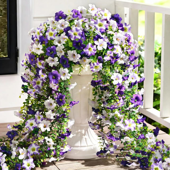 2 Pack Faux Hanging Flowers, 28 Inch Purple White Artificial Floral Vines with Green Leaves for Indoor Outdoor Decor