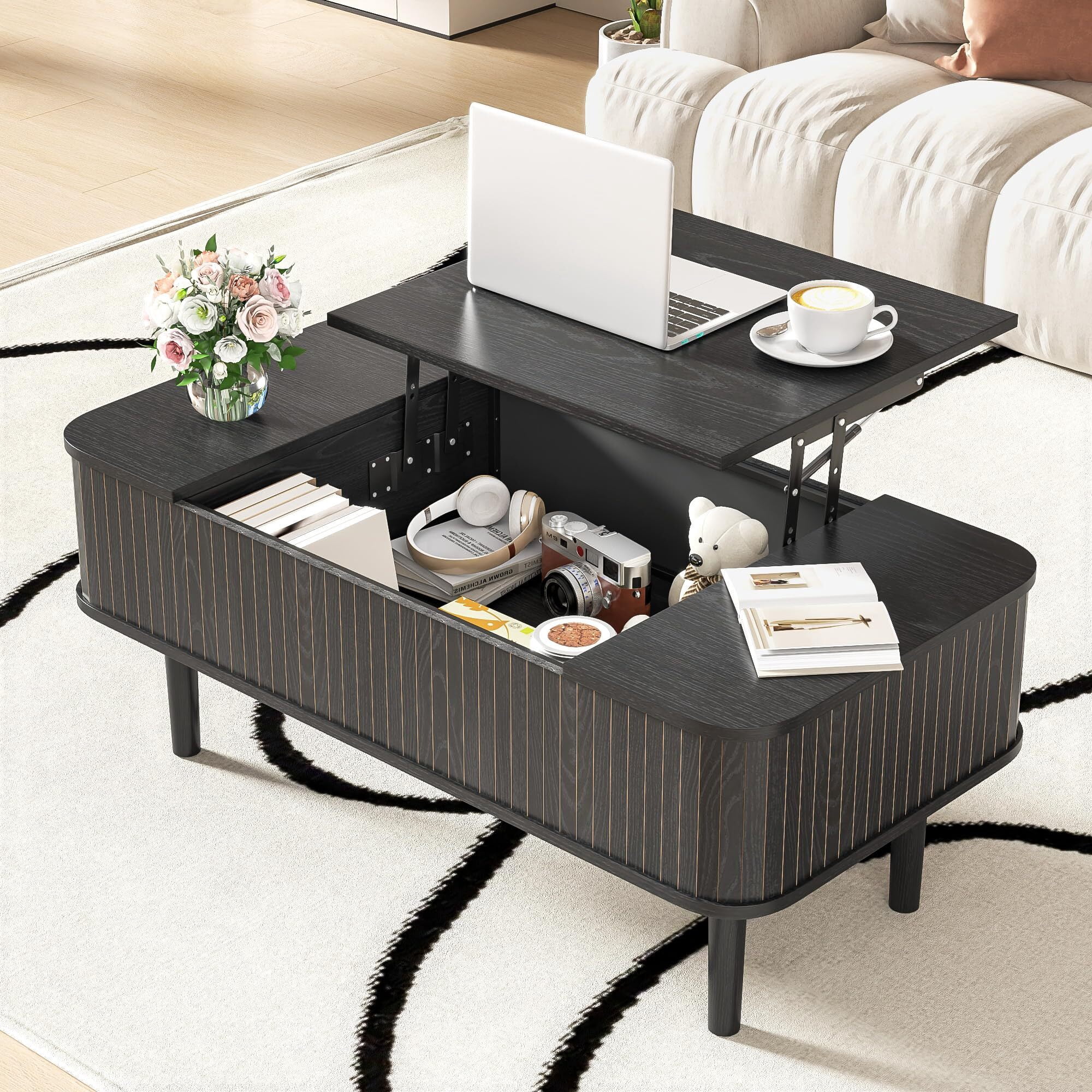 Fsbecl Mid-Century Modern Rectangle Wood Coffee Table with Storage, Black