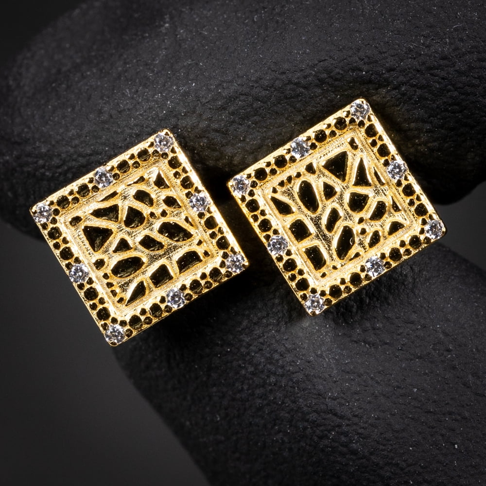 Retro 90's Hip Hop Square Shape 14K Yellow Gold Plated 925 Sterling Silver Screw Back Post 9mm Textured Nugget Stud Earrings