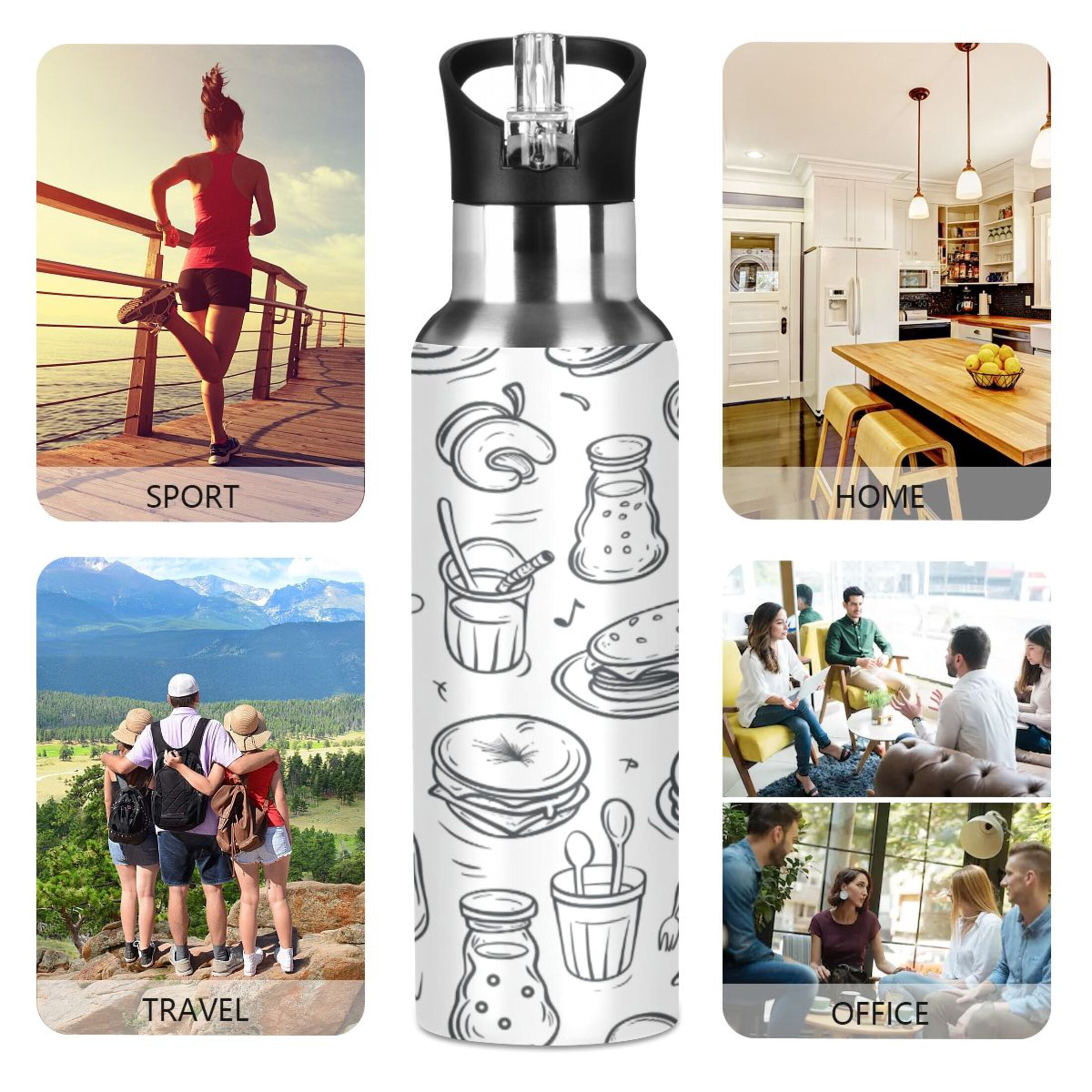 Water Bottles 20oz Straw Lid Wide Mouth Stainless Steel for School Sport Travel Pizza Burger Fruit Line