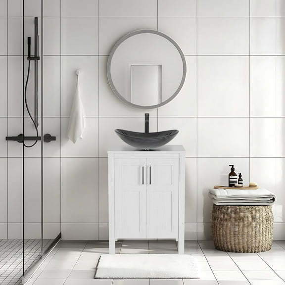 ELECWISH 24-Inch Bathroom Vanity in White with Gray Vessel Sink Set, Modern Stand Pedestal Cabinet with Glass Sink Set
