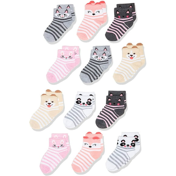 CPDD Little Girls 12 Pack Shorty Socks Assorted Stripe Critters Little Girls