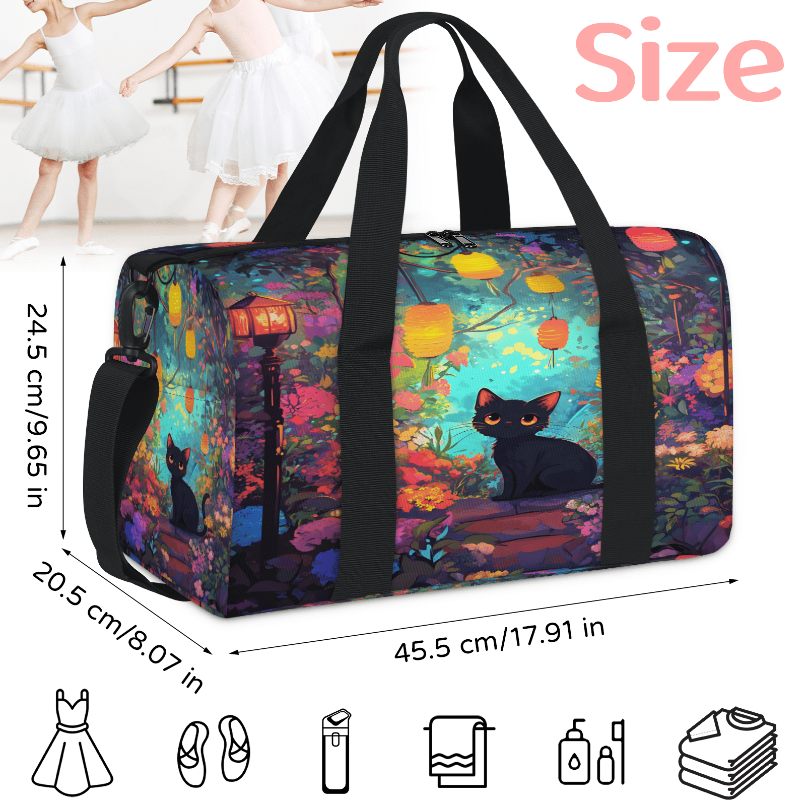 Herdesigns Cute Gym Bag for Women, Cat Duffle Bag for Travel Sport, Lightweight Waterproof Carry on Weekender Overnight Dance Yoga Workout Bags