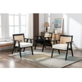 thumbnail image 3 of Guyou Modern Rattan Accent Chair, Mid-century French Farmhouse Upholstered Solid Wood Armchair Reading Chair, Retro Dining Chair with Woven Back and Black Base, White Fabric, 3 of 12