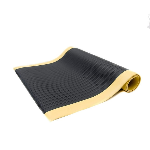Anti Fatigue Vinyl Foam Floor Mat, 5/8" Thick 2' x 3', Ribbed Pattern, Black w/Yellow Border, Bevelled on All Sides