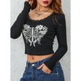 thumbnail image 5 of Musuos Women's Autumn Slim Gothic Crop Tops Black Long Sleeve Skeleton Print Lace Trim T-shirt, 5 of 10