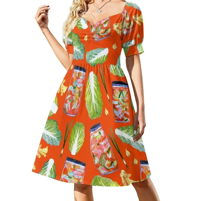 Vestido rojo de manga corta con estampado divertido de kimchi, ingredientes de acuarela, picante y fermentado.