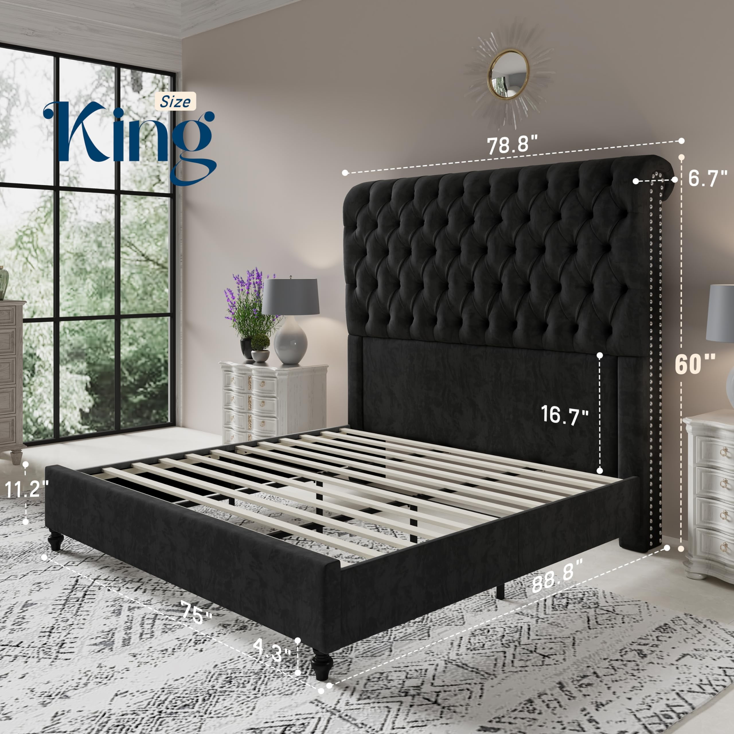 Merluxy King Bed Frame for Adult,60" Sleigh Headbord with Deep Button Tufting,Velvet Black