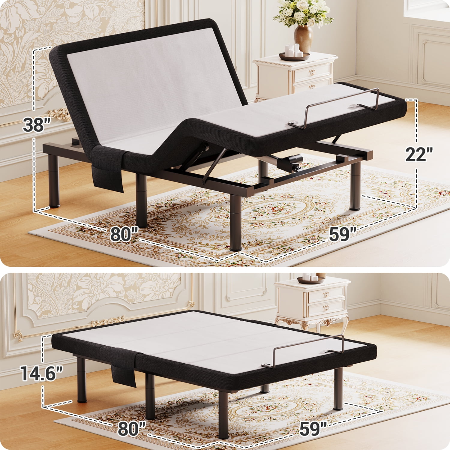 Queen Adjustable Bed Frame Base with Massage, Zero Gravity Ergonomic Electric Bed with Ultra-Quiet Motors, 4 USB Ports, Under-Bed Light, Wireless Remote, Fast Assembly, 3 Height Options
