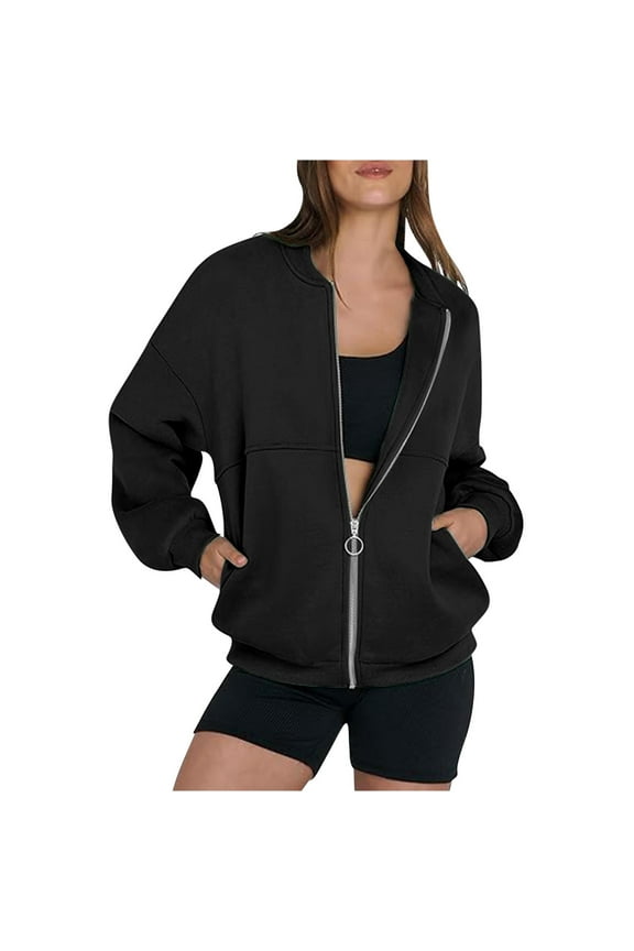 Front Zip Sweatshirt Jacket No Hood Womens Solid Cotton Baggy Fall Coats Pockets Comfy Zipper Outerwear (2XL, Black)