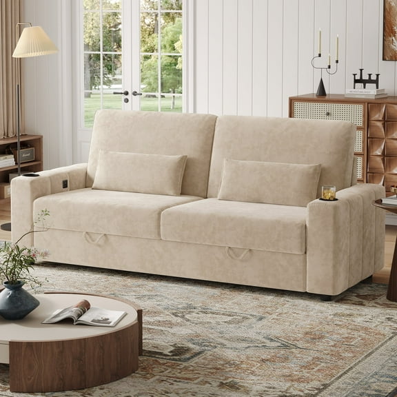 87”Large Loveseat Sofa, 3 Seater Couch with Storage, Velvet Fabric Deep Seat Sofa with Pillow& Cup Holders, Modern Comfy Sofa with USB& Type-C Ports, Home Sofa Couch for Living Room Bedroom