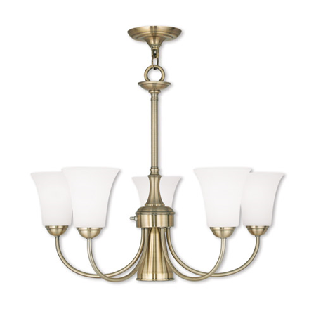 

Chandeliers 5 Light With Satin Opal White Antique Brass size 26 in 500 Watts - World of Crystal