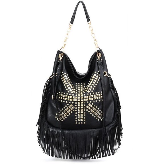 Women's Fringe Hobo Shoulder Bag PU Synthetic Leather Studded Tassel Tote Handbag Large Capacity Vintage Casual Purse