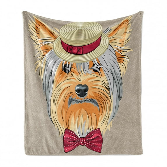 Yorkie Soft Flannel Fleece Throw Blanket, Hipster Yorkie with Straw Boater and Bow Tie Hand Drawn Gentleman Dog, Cozy Plush for Indoor and Outdoor Use, 50" x 60", Apricot Multicolor, by Ambesonne