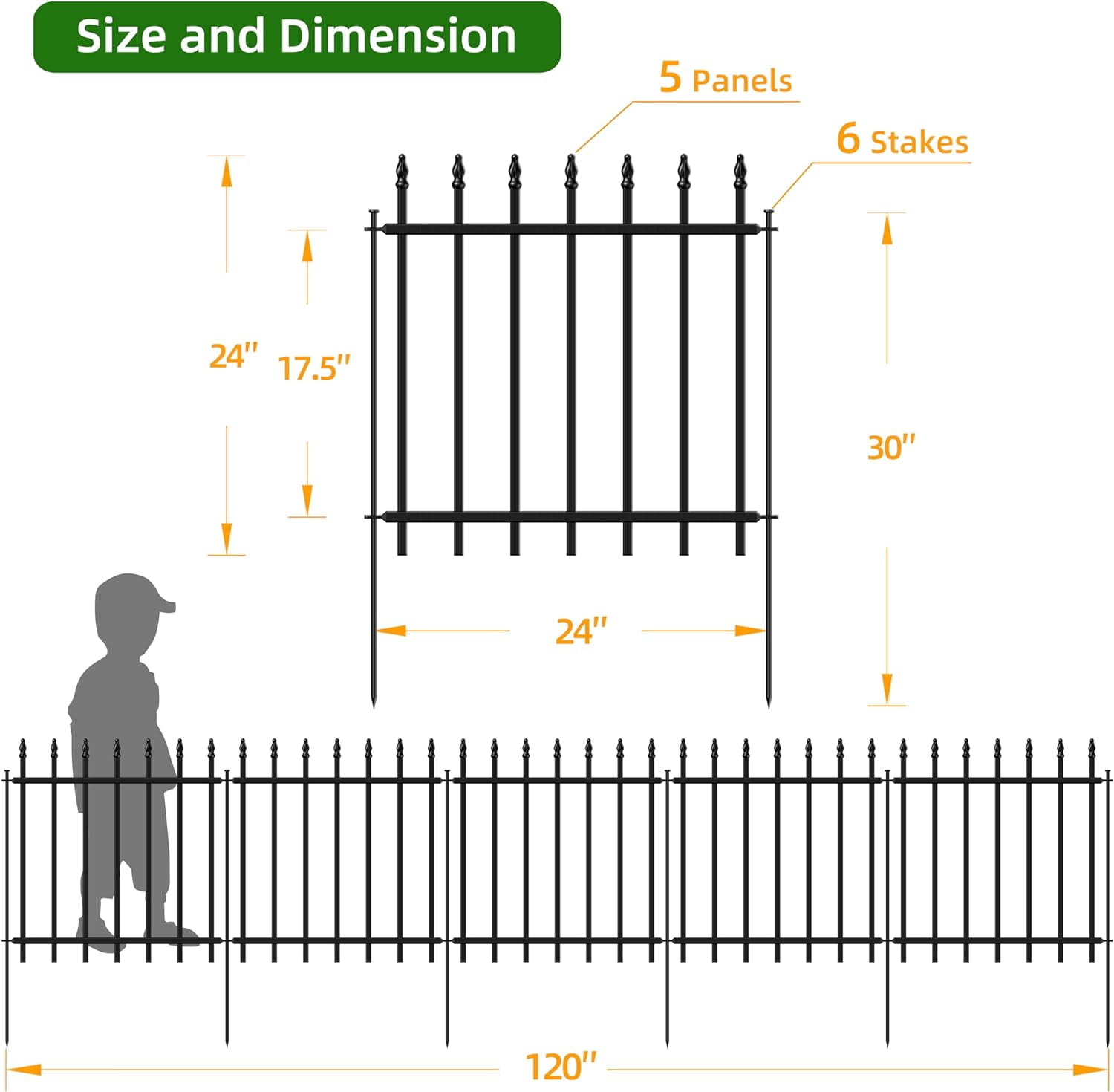Decorative Metal Garden Fence Panels, 24 Inch High 10 Ft Long No Dig Border Fencing Animal Barrier for Dogs Yard Patio Flower Bed Lawn, 5 Panels and 6 Stakes, Black