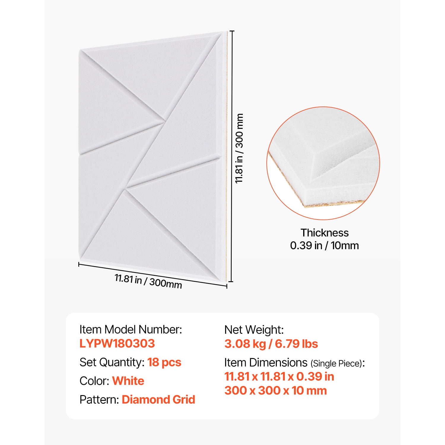 KFFKFF Set of 18 Acoustic Panels with Stick-On Backing, Dimensions 11.8 x 11.8 x 0.4 inches, Noise Reduction Foam Panels, Polyester Fiber Wall Panels with High Density, Suitable for House