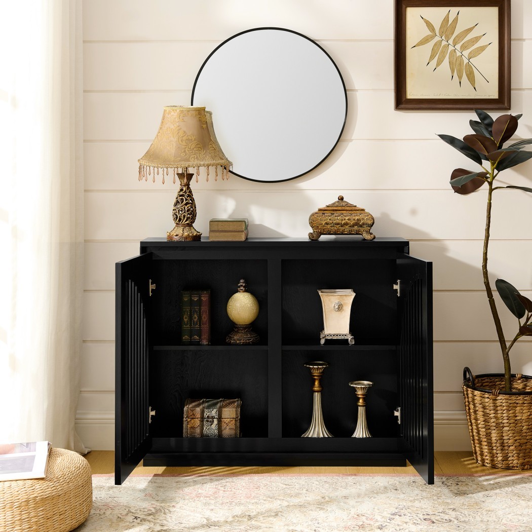 Mid Century Modern Fluted Sideboard Cabinet, Buffet Cabinet with 2 Outlet Holes, Storage Cabinet for Living Room, Entryway, Kitchen & Coffee Bar, Black