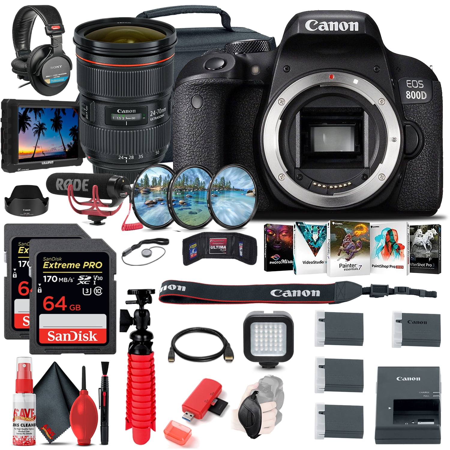 Canon EOS Rebel 800D / T7i DSLR Camera + 4K Monitor + Canon EF 24-70 + More (International Version)