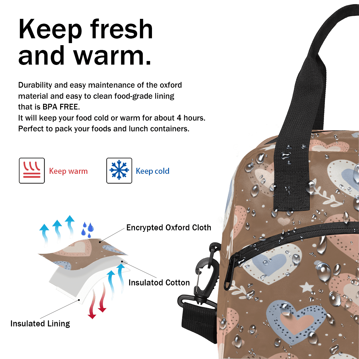 Herdesigns Cute Insulated Lunch Bag for Women Men Adults Large Reusable Lunch Box Heart Pattern Leakproof Cooler Tote Bags with Adjustable Shoulder Strap