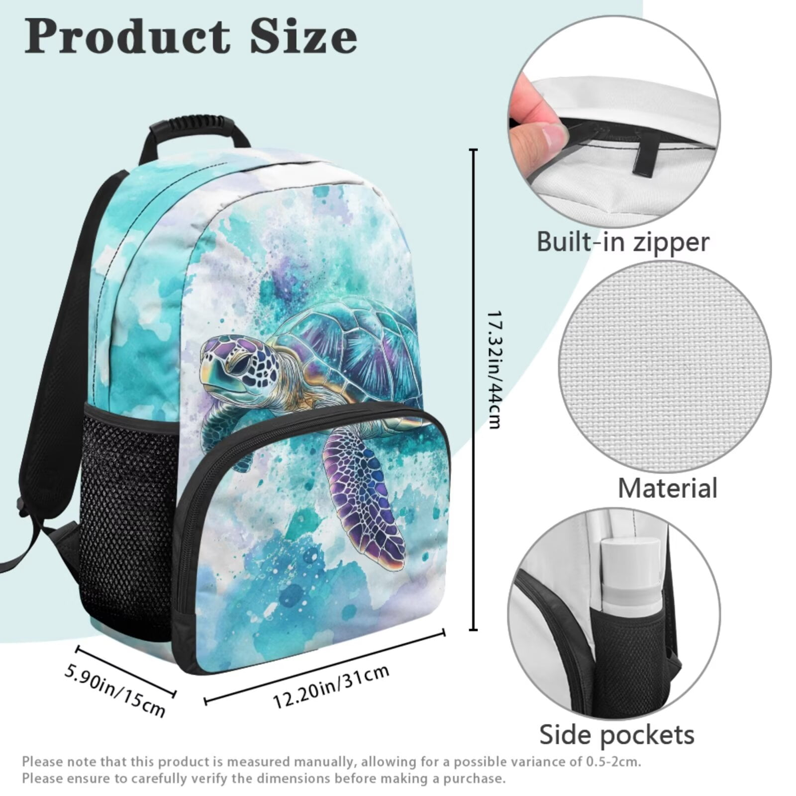 Pzuqiu Sea Turtle Print Backpack for Girls 4 Piece School Bookbag with Lunch Bag Lightweight School Bag for Girls 10-12 Elementary Backpack with Pencil Box 2pcs Bookmark