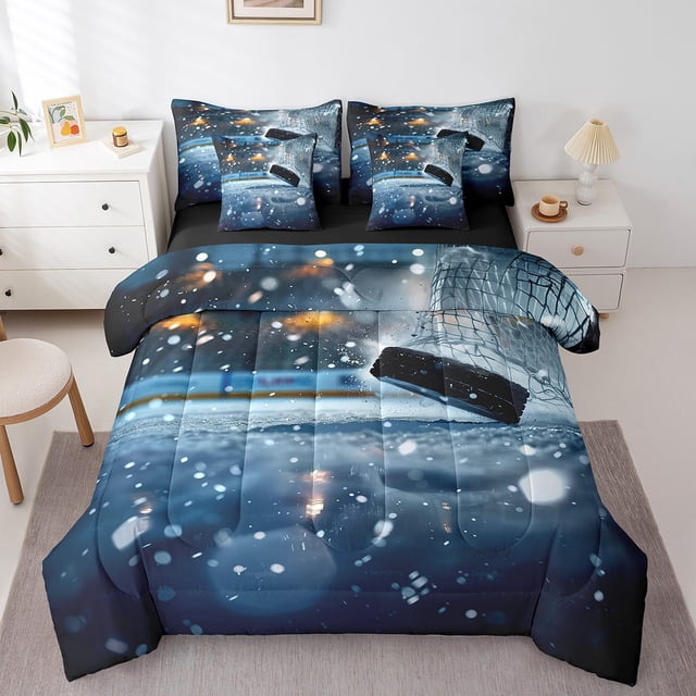 Erosebridal Ice Hockey Pattern Bed in a Bag Queen size, Ice Rink Print Quilted Comforter, Super Cozy 7-Piece