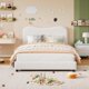 thumbnail image 2 of Queen marco de cama niños velvet forrado cabecero cute low-profile cama de plataforma girls y boys no necesita colchón base strong de madera slats noise-free fácil montaje (blanca), 2 of 7