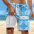 thumbnail image 2 of Men Swim Trunks Green Pattern Print Quick-Dry Lightweight 2 In 1 4-Way Stretch Bathing Suit Light Blue L, 2 of 4
