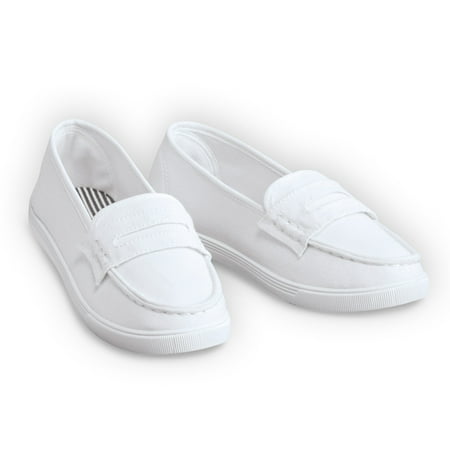 - Classic Boat Shoe Loafer Slip On Canvas Sneakers, 9, White