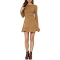 thumbnail image 1 of INSPIRE CHIC Women's Faux Suede Round Neck Elegant Long Sleeve Ruffle Dress M Brown, 1 of 6