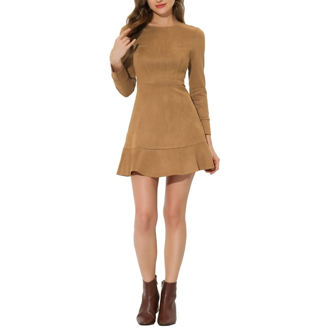 INSPIRE CHIC Robe Élégante à Volants pour Femme en Faux Suède à Col Rond à Manches Longues TG Brun