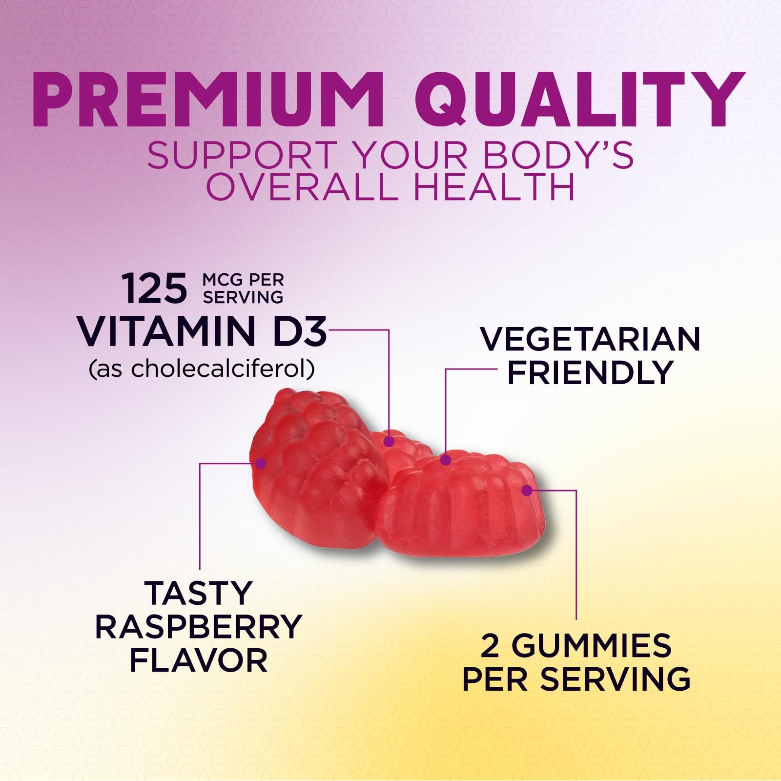 Gomitas de Suplemento de Vitamina D - Vitamina D3 125 mcg 5000 UI por porción - Soporte para la salud de huesos, dientes, músculos e inmunológica para hombres y mujeres, Vitamina D3 premium natural y libre de gluten - 120 gomitas 3