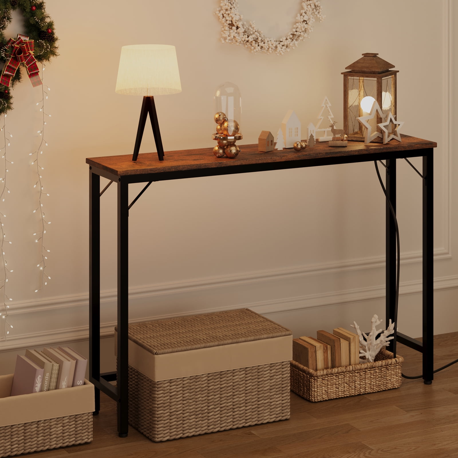 Aoile Narrow Console Table, Sofa Table with Outlets, Behind Couch Table for Living Room, Hallway Table for Entryway (Rustic Brown)