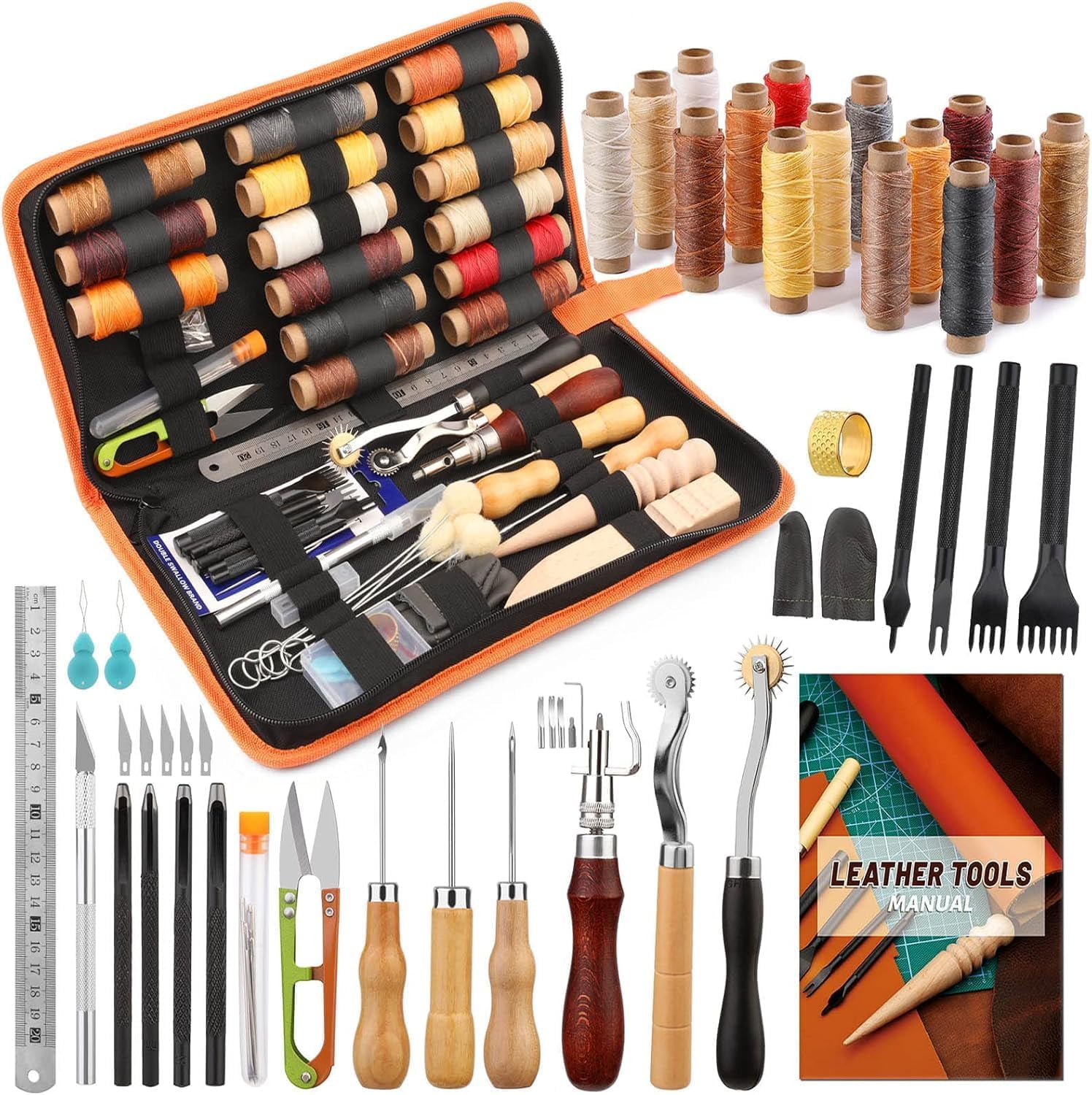 Leather Working Tools, Practical Leather Craft Kit with Waxed Thread Groover Awl Stitching Punch Hole for Leathercraft Beginner or Adults Gifts - Comes with Tool Manual